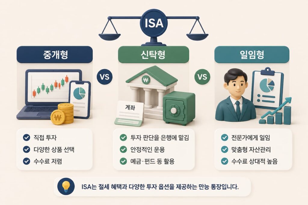ISA 중개형 vs 신탁형 vs 일임형 비교 일러스트