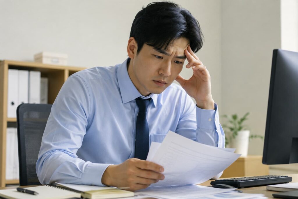건강보험료로 고민중인 직장인 모습 일러스트