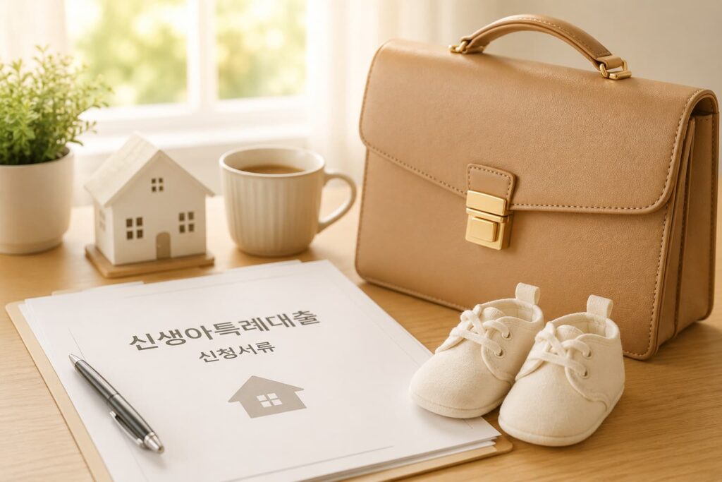 신생아특례대출을 신청하는 서류, 가방 및 아기신발 일러스트