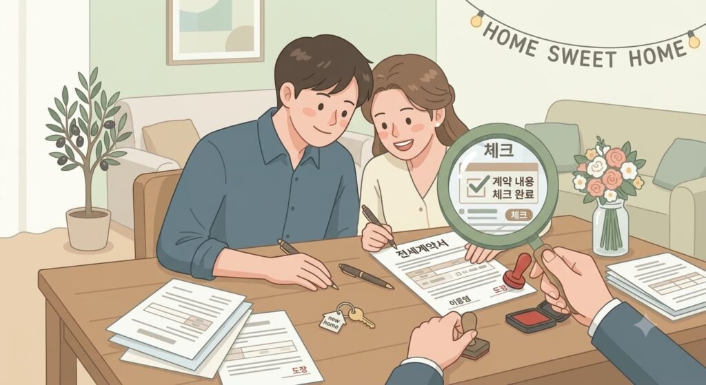 전세계약을 하는 신혼부부 느낌의 일러스트