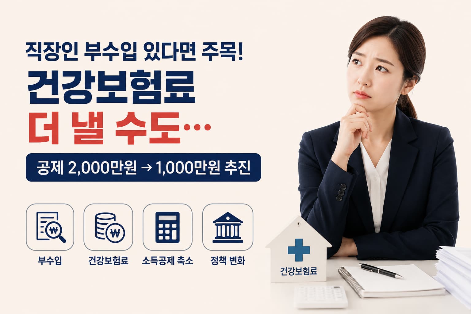 직장인 부수입 있다면 주목! 건강보험료 더 낼 수도…공제 2,000만원→1,000만원 축소 추진 대표 일러스트