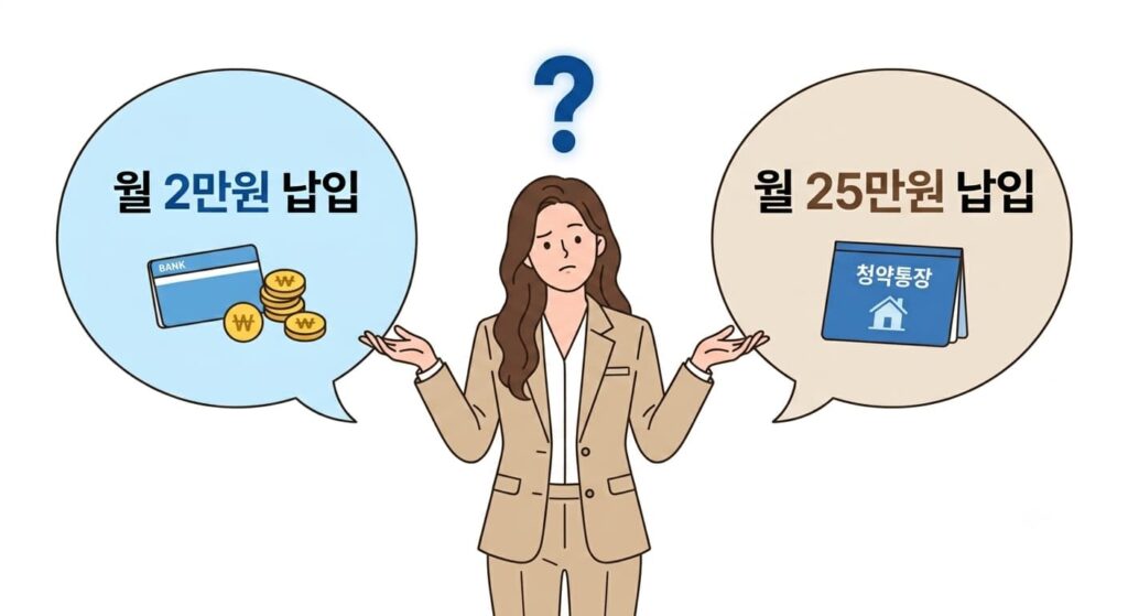 청약통장 월 2만원, 25만원 납입을 고민하는 사람 일러스트