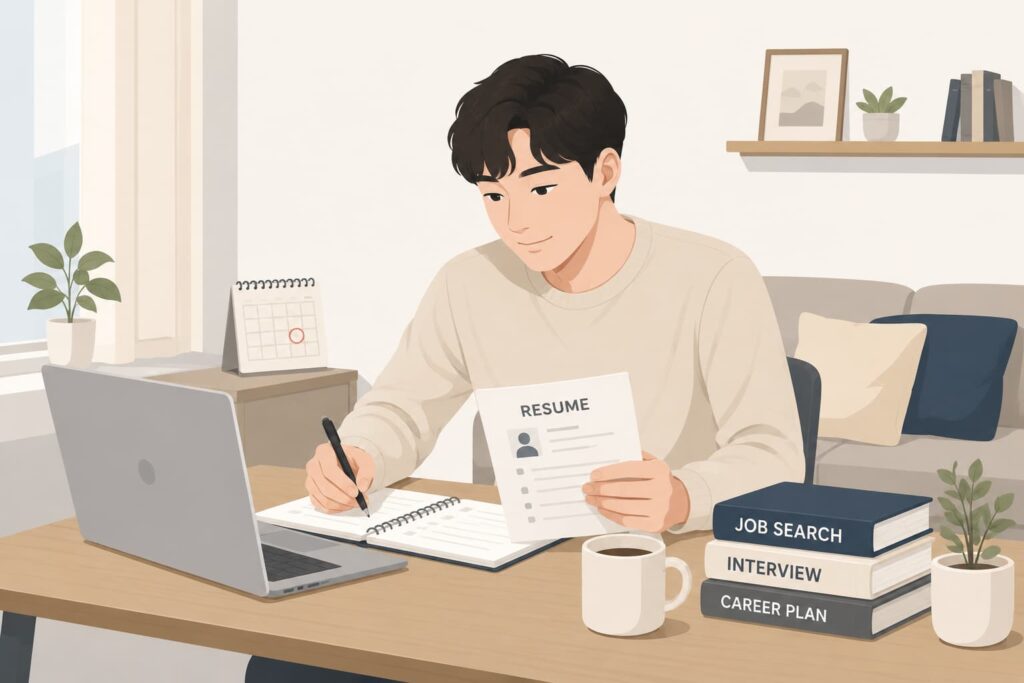 퇴사 후 실업급여를 받으며 재취업을 준비하는 사람 이미지