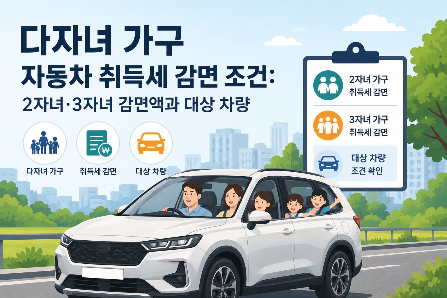 다자녀 가구 자동차 취득세 감면 조건 2자녀·3자녀 감면액과 대상 차량 대표이미지