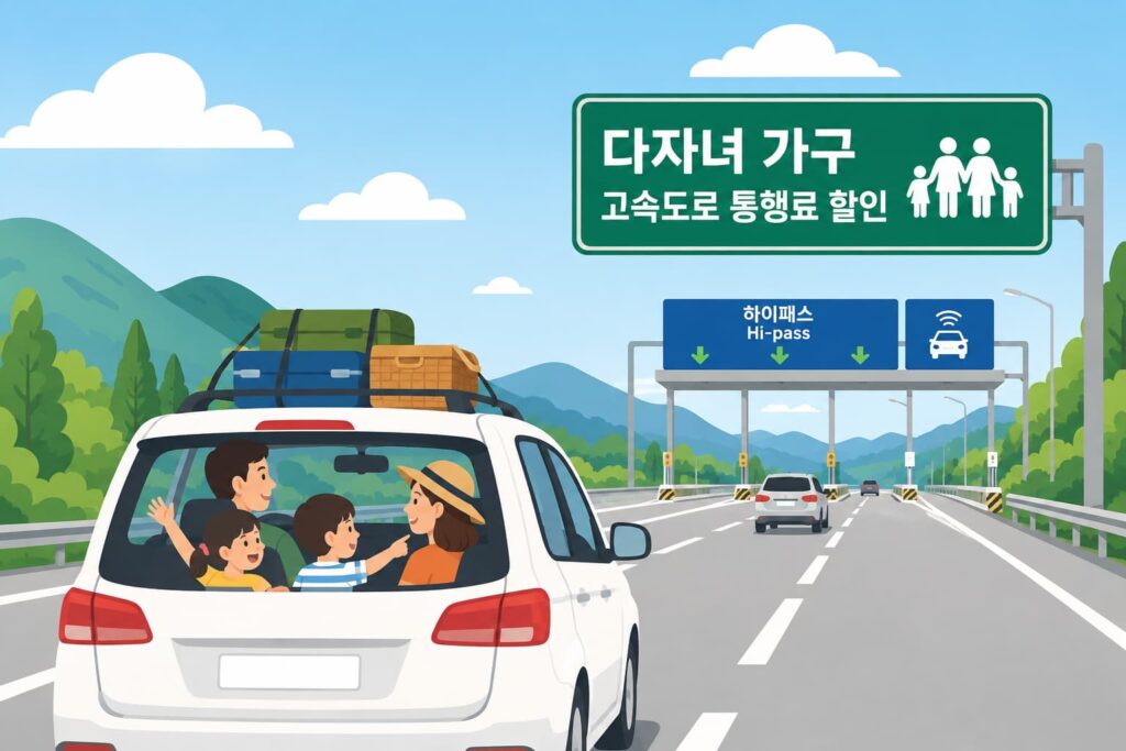 다자녀 가족이 고속도로 통행료 할인을 받고 나들이 가는 모습 일러스트