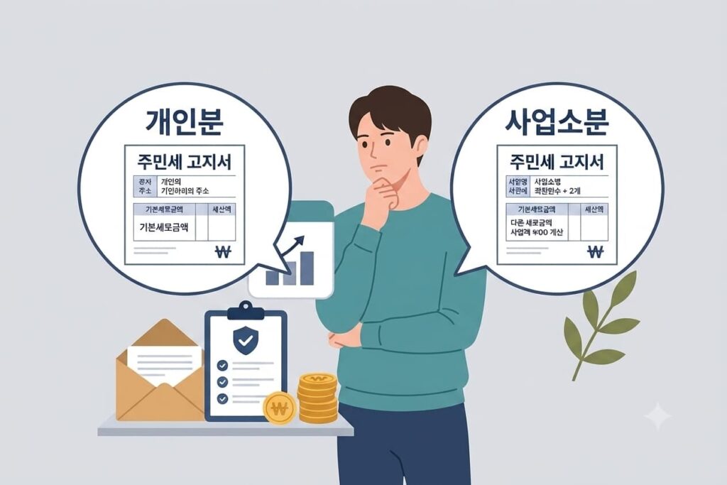 주민세 개인분과 사업소분에 대해 궁금해하는 사람 일러스트