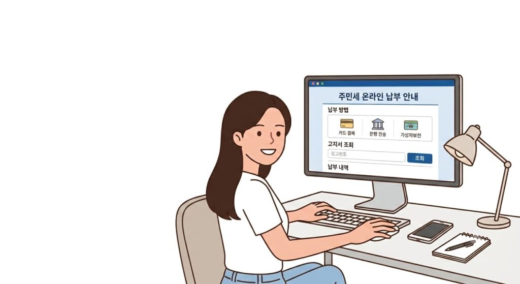 주민세 온라인 납부 안내를 찾아보고 있는 여성 일러스트
